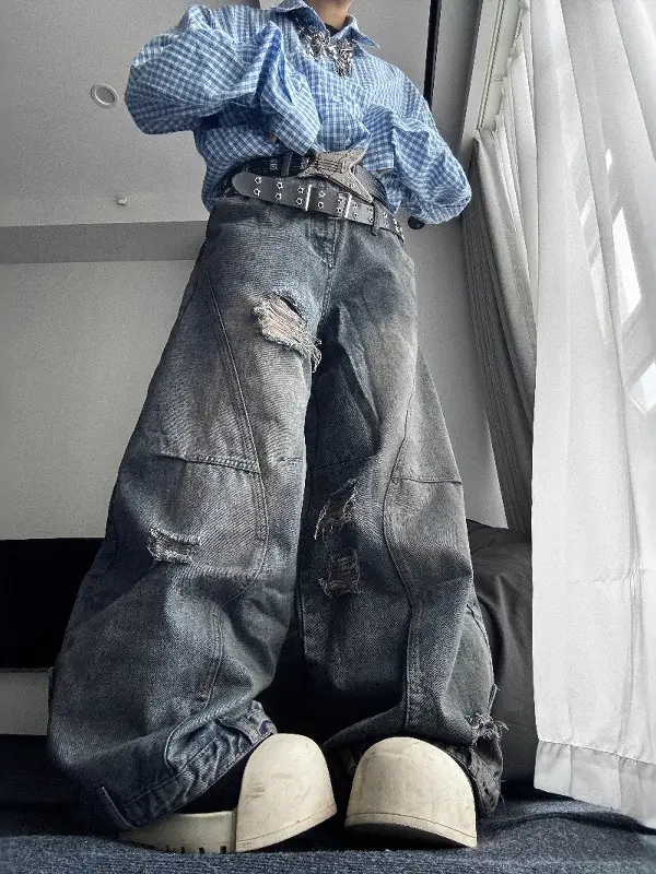 Without Me/Deconstructed Faded Distressed Washed Ripped Knife-Cut Jeans with Heavy Reverse Waistband Wide-Leg Pants
