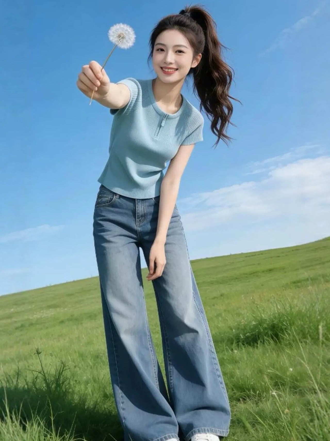 Gentle Classic Versatile Style Light Luxury Minimalist Short-Sleeve T-Shirt for Women, Blue Zippered Slim-Fit Slimming Knit Top