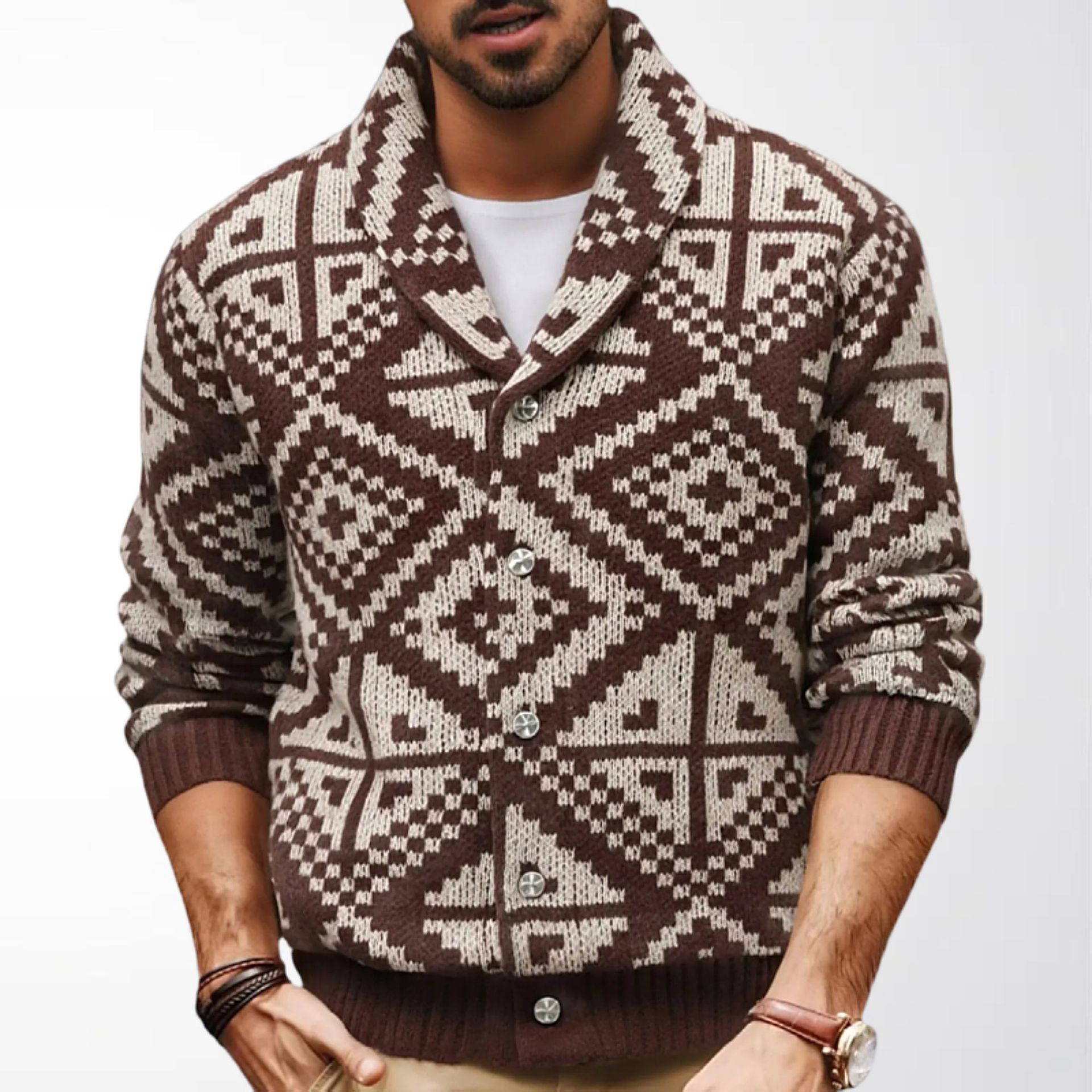 Cross-Border Men's Clothing Supply American-Style Geometric Jacquard Knitted Cardigan Retro Green Fruit Collar Autumn and Winter Sweater Jacket Sy0077