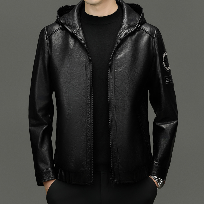 Men's Haining Cowhide Leather Coat Genuine Leather Biker Coat Hooded Leather Jacket Fashion Trend Oil Wax Cowhide Men's Coat