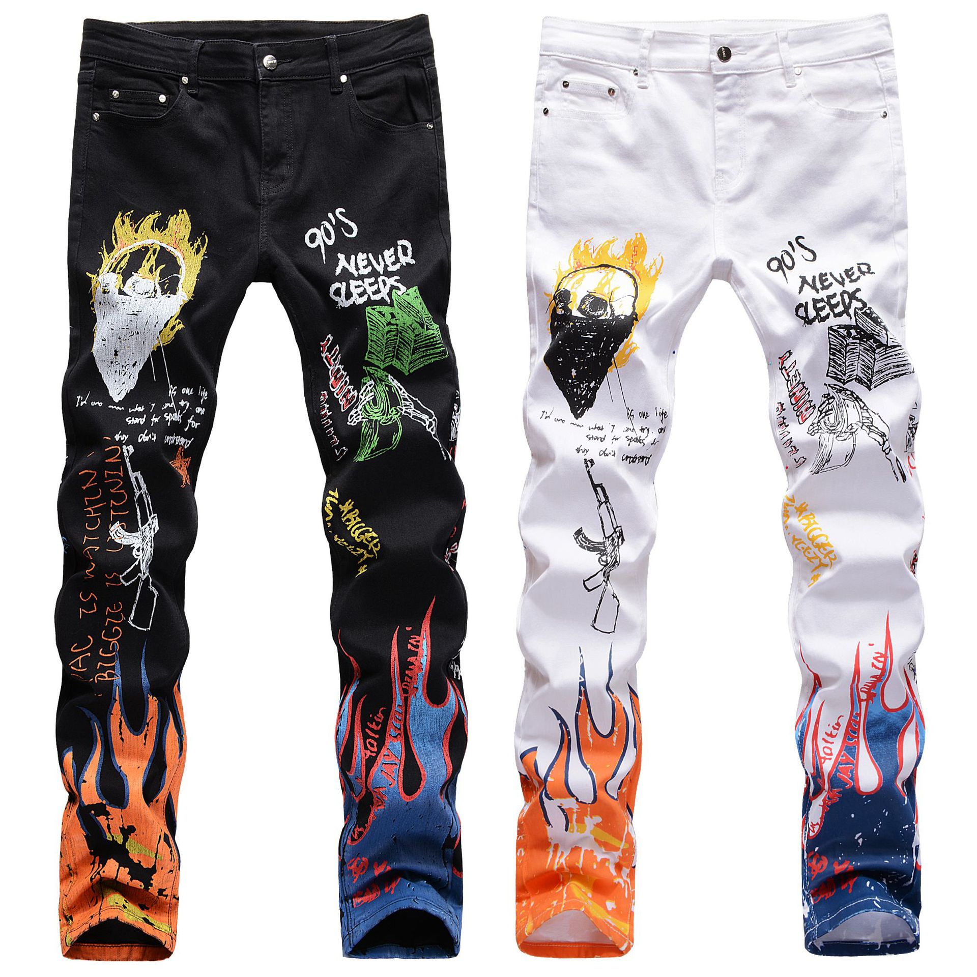 Trendy Brand High Street Men's Stretch Slim 3D Color Printing Black White Trousers Skull Graffiti Street Trendy Men's Jeans