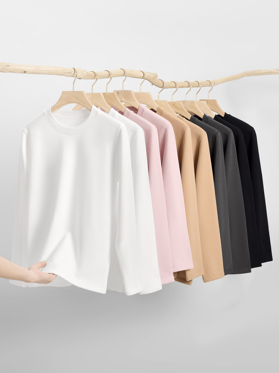 Autumn and Winter 280g New Heavyweight Solid Color Long-Sleeve T-Shirt for Men, Loose Casual Versatile Fleece-Lined Sweatshirt for Men, Base Layer Top
