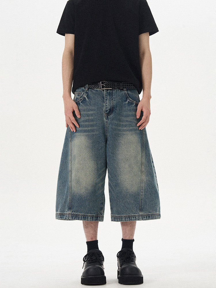 New Summer Deconstruction Design Washed Old Denim Shorts Men's and Women's American Style Retro Loose Straight Cropped Trendy Pants