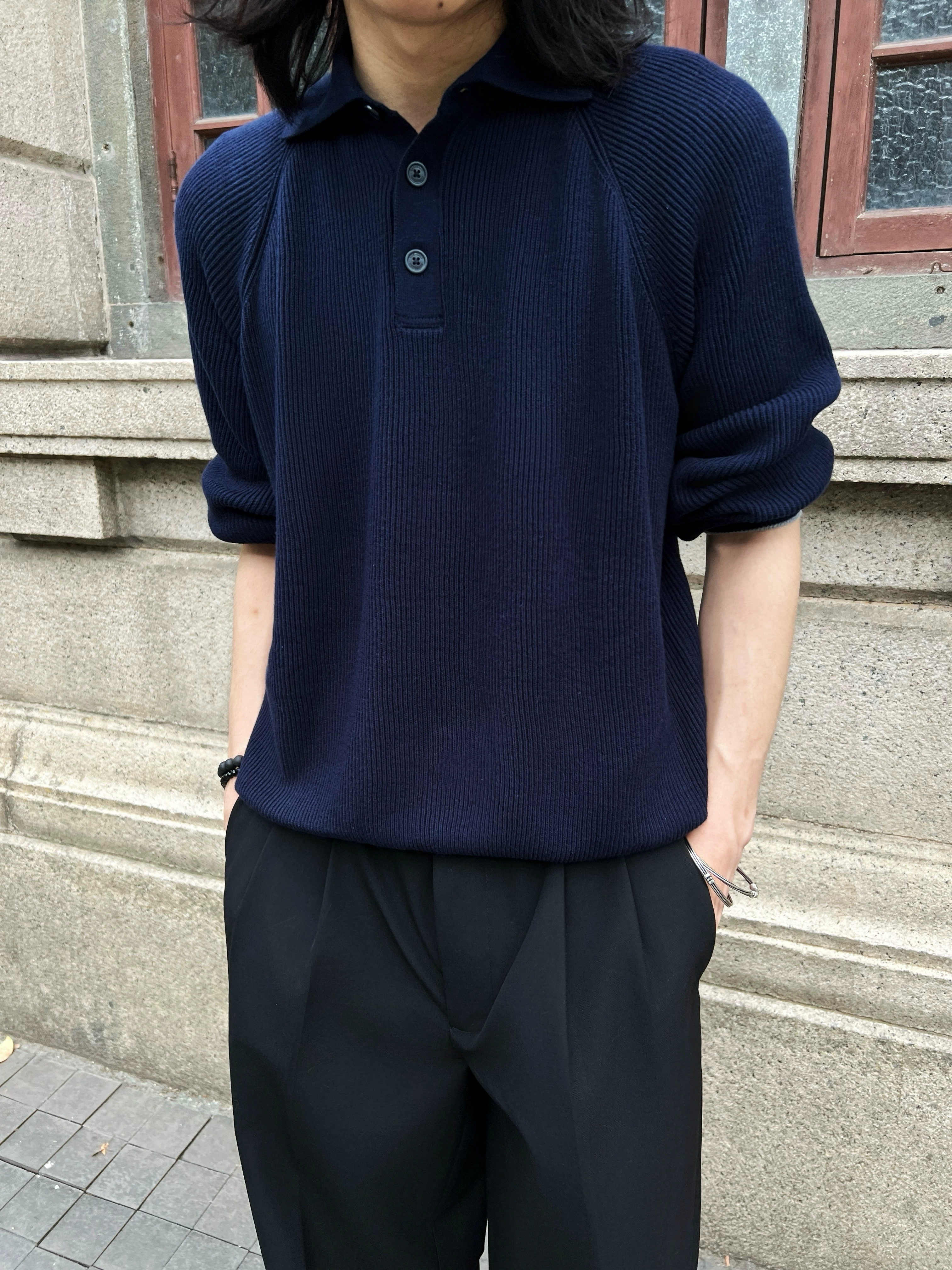 自主 老钱风BC风格 精梳有机棉针织休闲坑条海军蓝POLO长袖针织衫