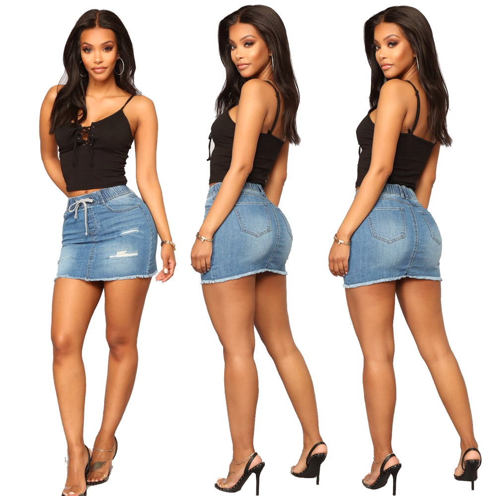 2023 Spring Cross-border Internet Red Same High Waist Ripped Amazon in stock Sales Tight Denim Hip Skirt