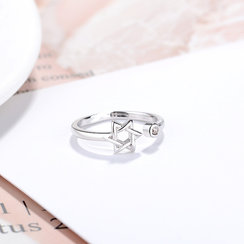 South Korea Korean Star Diamond Hexagonal Star Ring Hexagonal Star Open Girlfriend Sister Pinkie Tail Ring Index Finger Jewelry