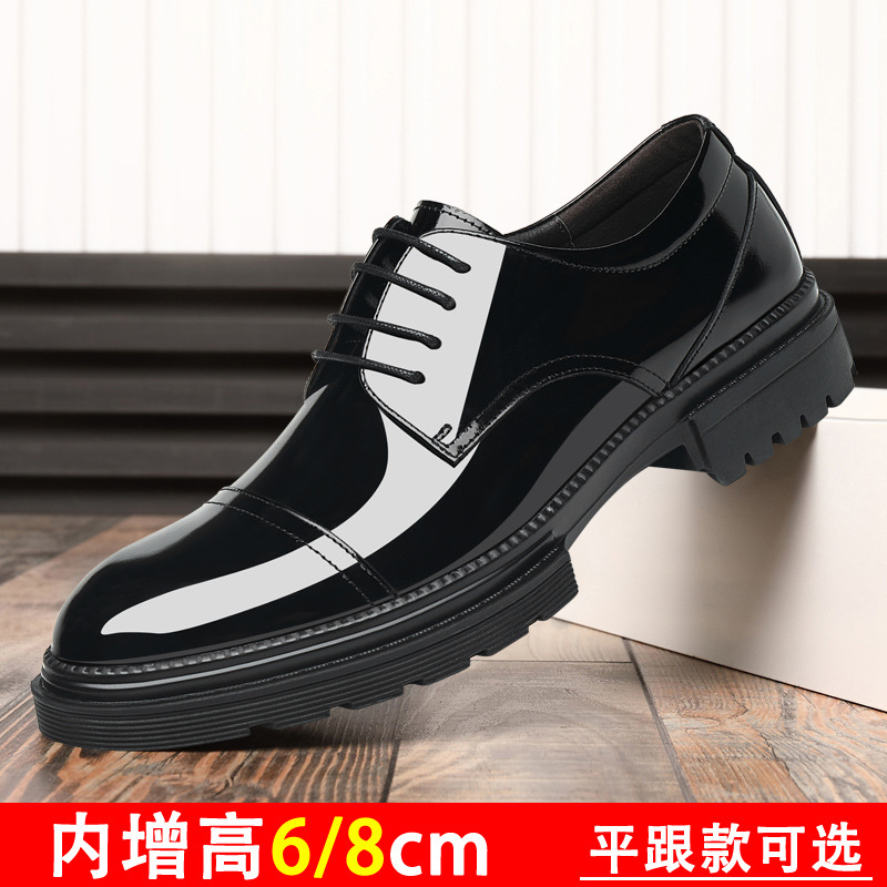Men's leather shoes 8cm leather lacquered bright leather inner shoes men's work Barber breathable all-match fashion shoes