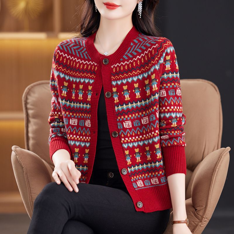 Crewneck Vintage Jacquard Knitted Coat Women's 2024 Spring and Autumn New Striped Elegant Knitted Shirt Women's Outer Sweater