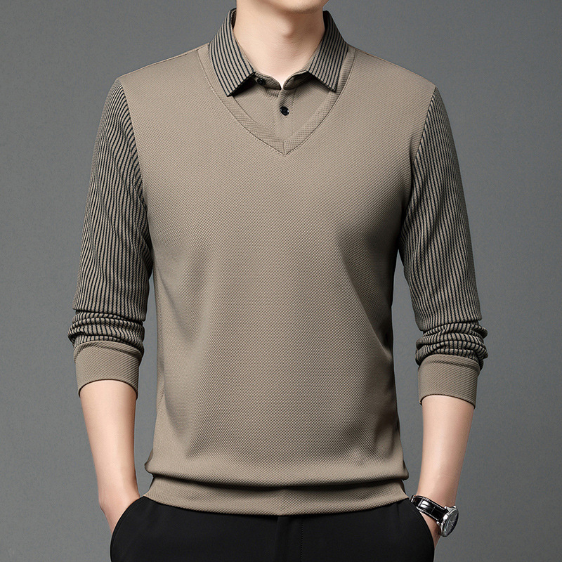 Spring and Autum Men's Fake Two-Piece Long-Sleeved T-Shirt Men's New Business Casual Middle-Aged Stripesd Polo Shirt Bottoming Top