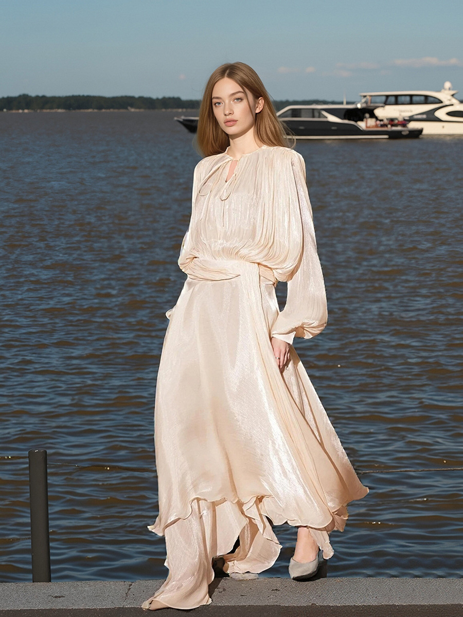 Elegant Fairy Dress with Cross-Border Style, 2026 Summer New Collection, Round Neck, Waist-Cinching, Tie-Strap, Streamer Dress, High-End Feel for Women