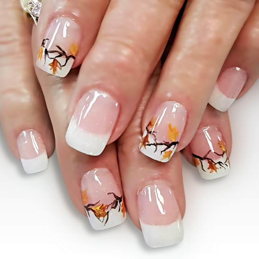 Short Glossy Square Nails for Cross-Border Trade, New Autumn and Winter Style, White French Maple Leaf Glitter Press-On Nails, 24 Pieces