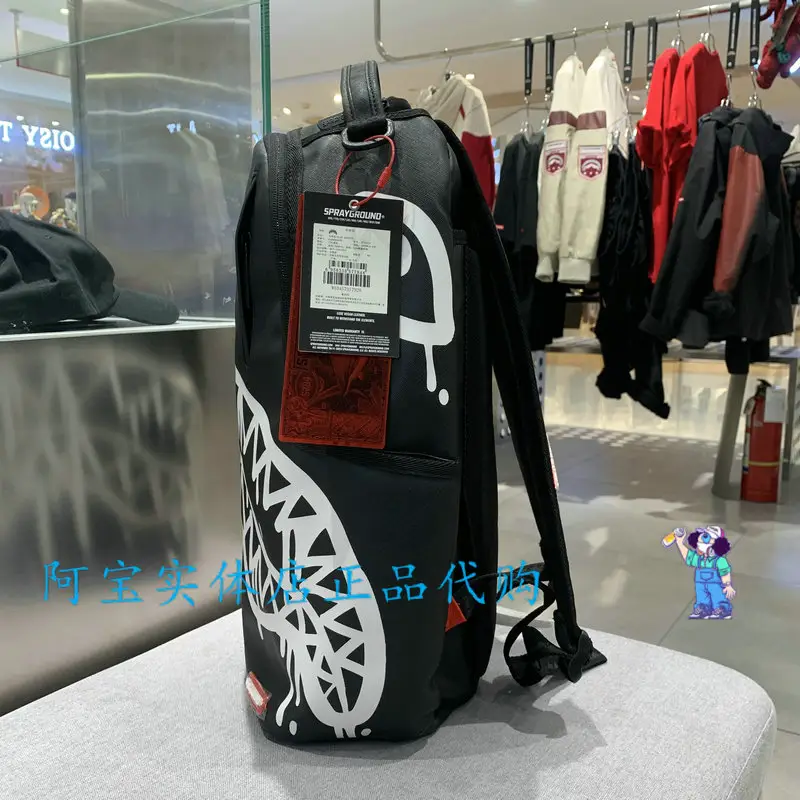 Sprayground 24 Autumn New Graffiti Shark Mouth Print Black and White Trendy Cool Large Capacity Water-Repellent Backpack