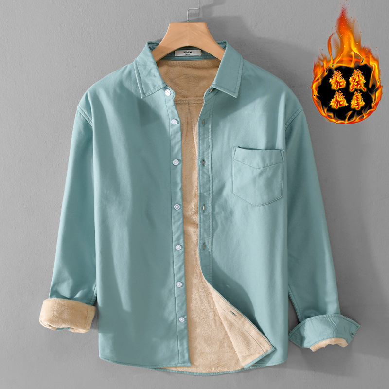 Oxford Fabric Fleece-Lined Thickened Long-Sleeve Men's Shirt, Comfortable and Warm, Cold-Resistant, Japanese-Style Casual Shirt Jacket 9307
