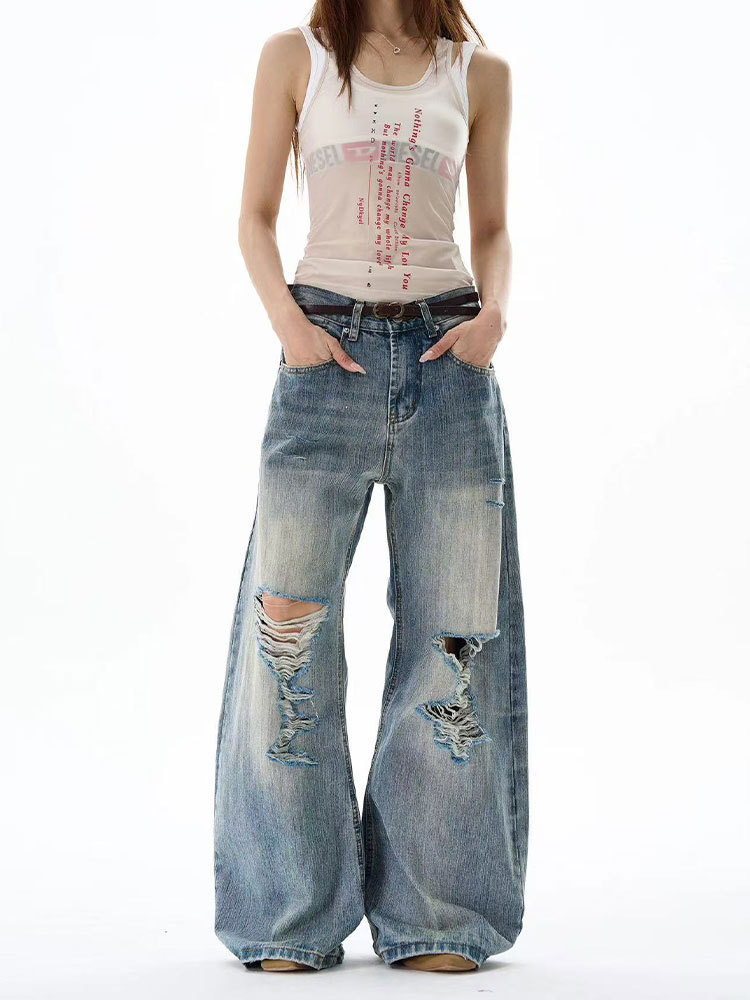 American Style Retro Bamboo Pattern Old Ripped Jeans Men's and Women's Trendy Brand cleanfit Straight Micro Scimitar Pants
