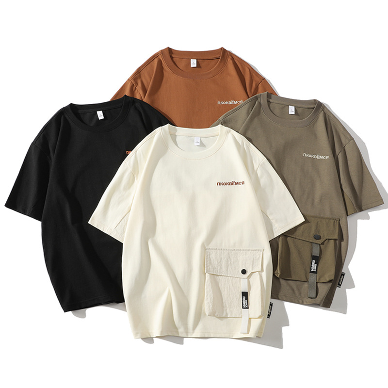 Men's Short-sleeved Summer American-style Three-dimensional Pocket Top Year Casual Fashion Brand Ice-feeling Short-sleeved Loose All-match Half-sleeved T-shirt