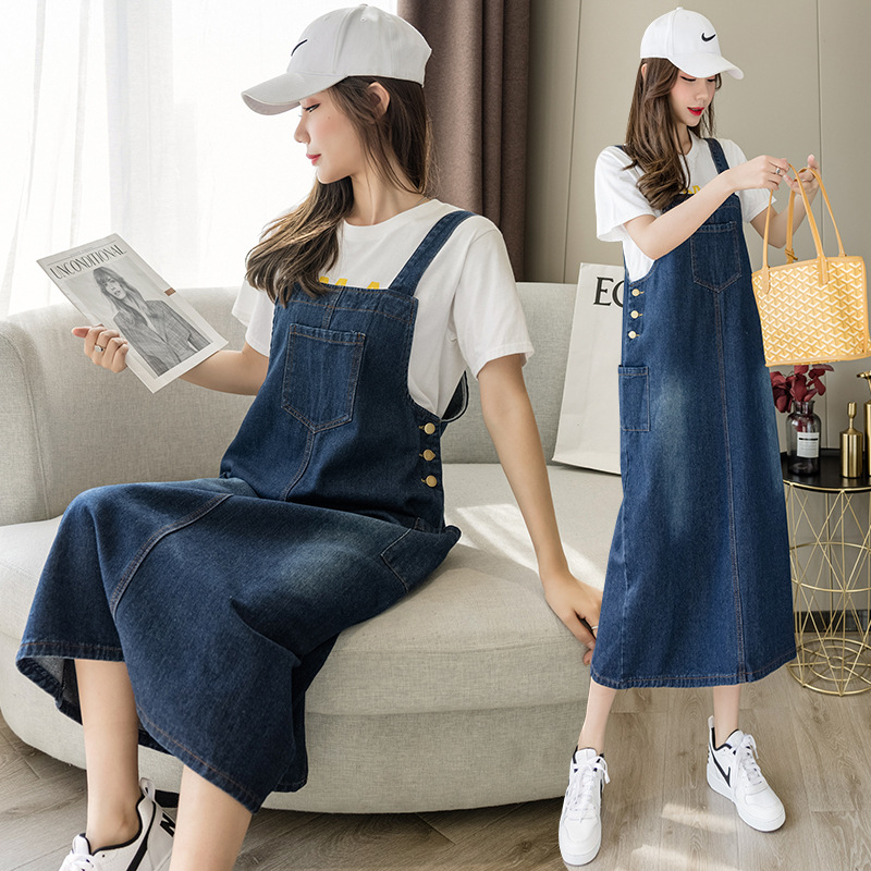 Korean Style Simple Pocket Denim Suspender Skirt for Women 2026 Summer New Loose Straight Slimming Slit Denim Skirt