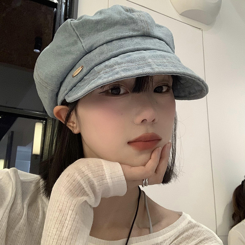 Denim beret women's spring and autumn Korean style versatile big head circumference Beilei cloud hat Japanese style face-looking small octagonal hat