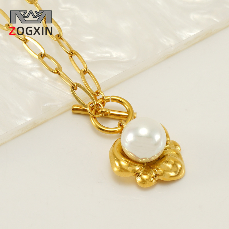 Cross-Border Summer New Style Elegant Pearl Necklace for Women with Irregular Titanium Steel Pendant Clavicle Chain Wholesale