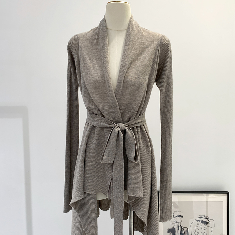 Irregular High-end Lace-up Knitted Cardigan Women's Autumn and Winter Design Chic Slim Elegant Wear Top