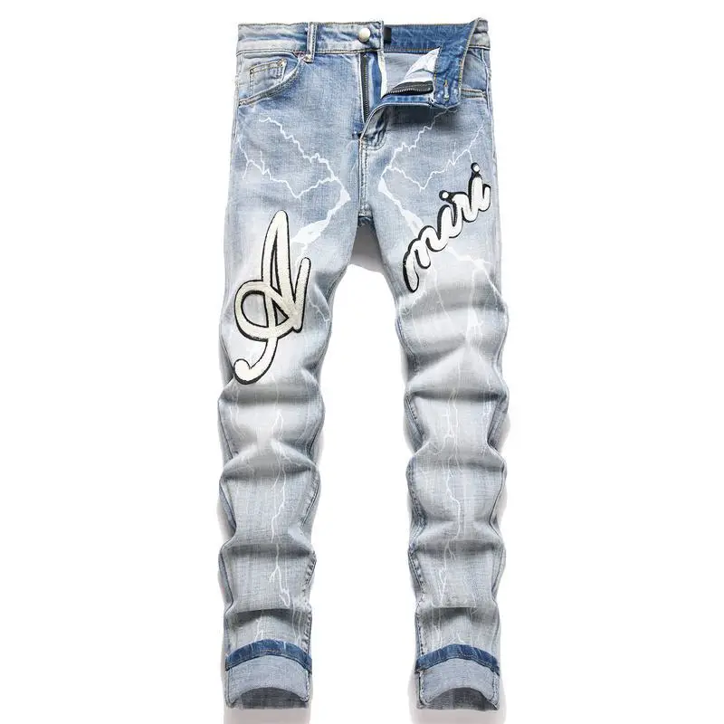 Spring new jeans men's Slim straight pants versatile design sense of high-end patch loose stretch pants tide