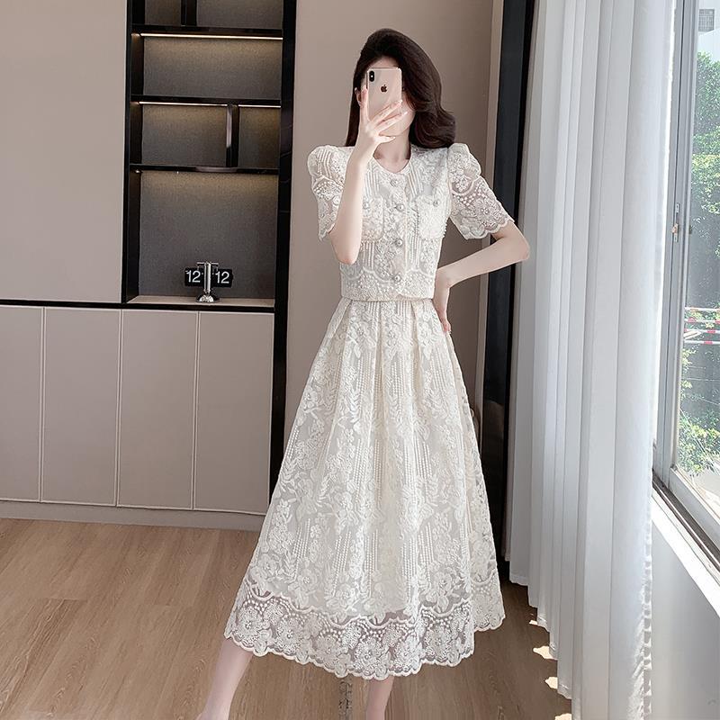 2026 New Style Elegant Ladylike Chanel-Style Beaded Water-Soluble Lace Short Top High-Waisted Flared Midi Skirt Set