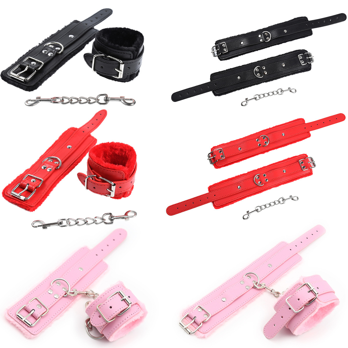 Cross-Border Sexy Sm Handcuffs Bundled Couple Flirting Props Female Training Leather Plush Hand and Foot Cuffs Adult Products