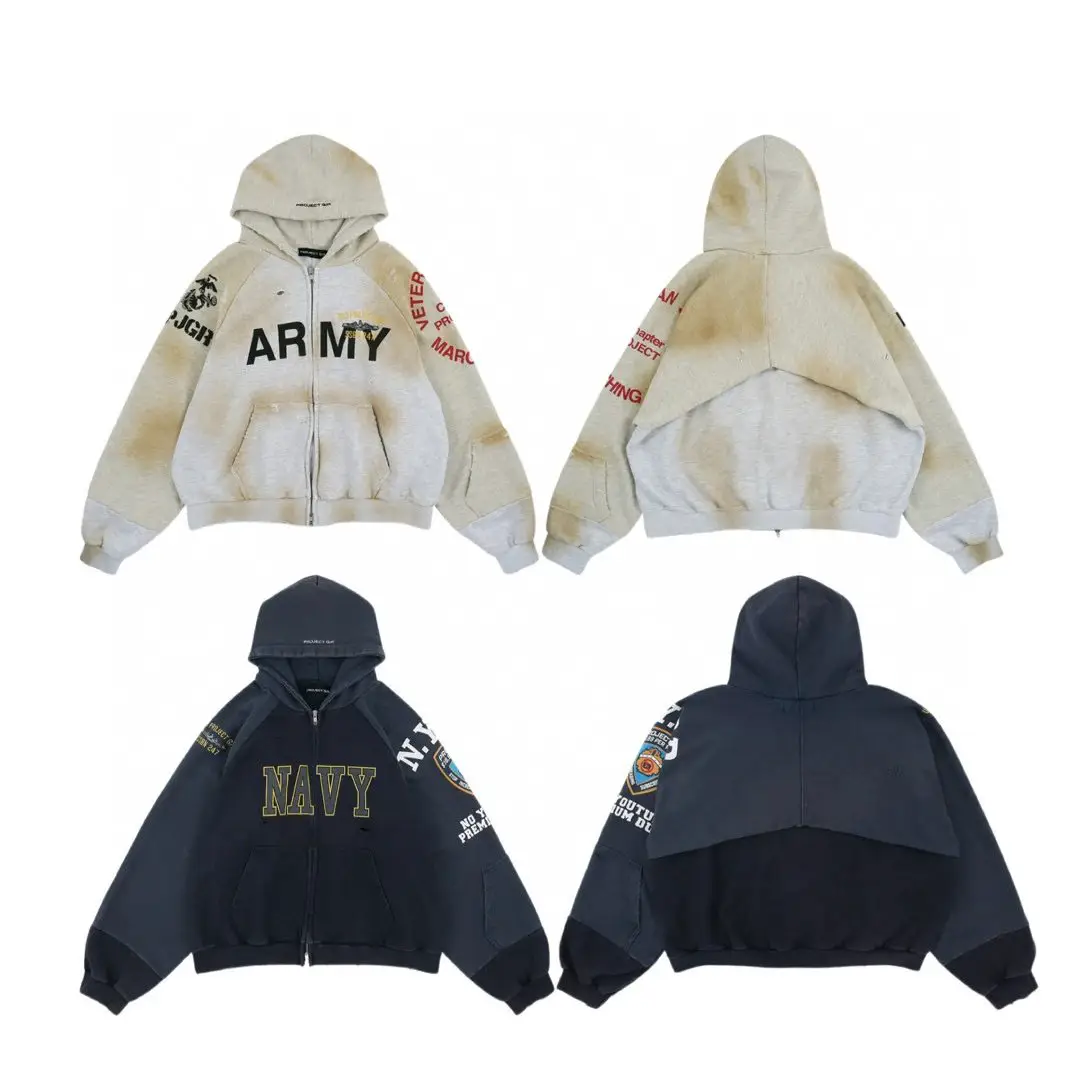 Heavyweight Fake Two Pieces Patchwork Old Damage Dirty Dye Hoodie Sweatshirt Cardigan Jacket