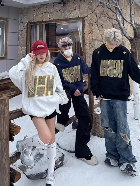 American-style Retro Letter Tape Embroidered Hooded Sweater Men's Fashion Brand Hip-hop Loose Casual Couple All-match Hoodie