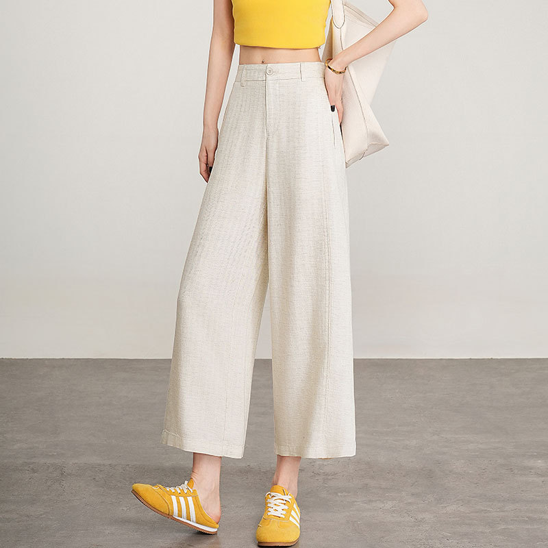 Tencel Linen Wide-Leg Cropped Pants for Women, Summer New High-Waisted Loose Drape Casual Cool Straight-Leg Pants Wholesale