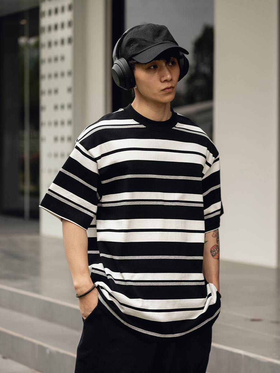 Trs Japanese Trend Series | 26Ss Custom-Woven 310g Double Yarn Round Neck Striped Short-Sleeve Loose Fit Drop Shoulder Five-Quarter Sleeve T-Shirt for Men.