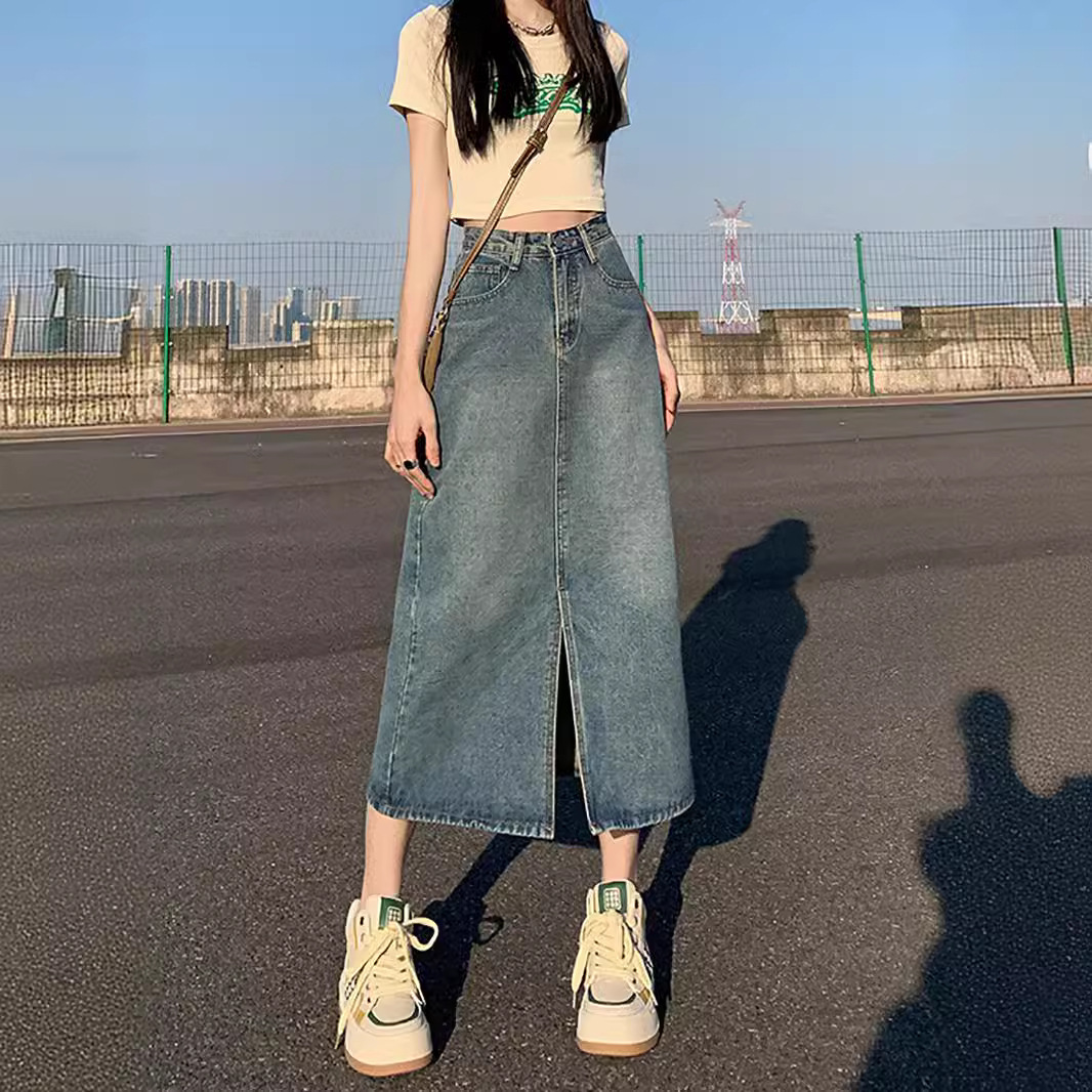 High-Waisted Slit Denim Skirt for Women, 2026 Summer New A-Line Skirt, Hip-Hugging Skirt, Mid-Length Skirt for Petite Pear-Shaped Figures