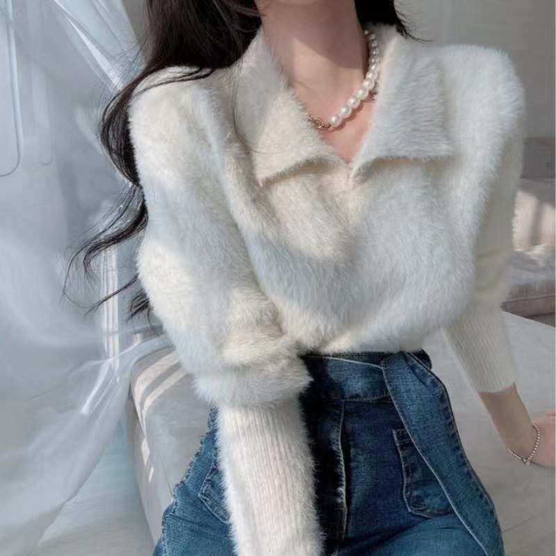 Korean chic Mink Velvet Knitwear Women's Lapel Autumn and Winter Style Mohair Knitwear Pullover Niche Loose