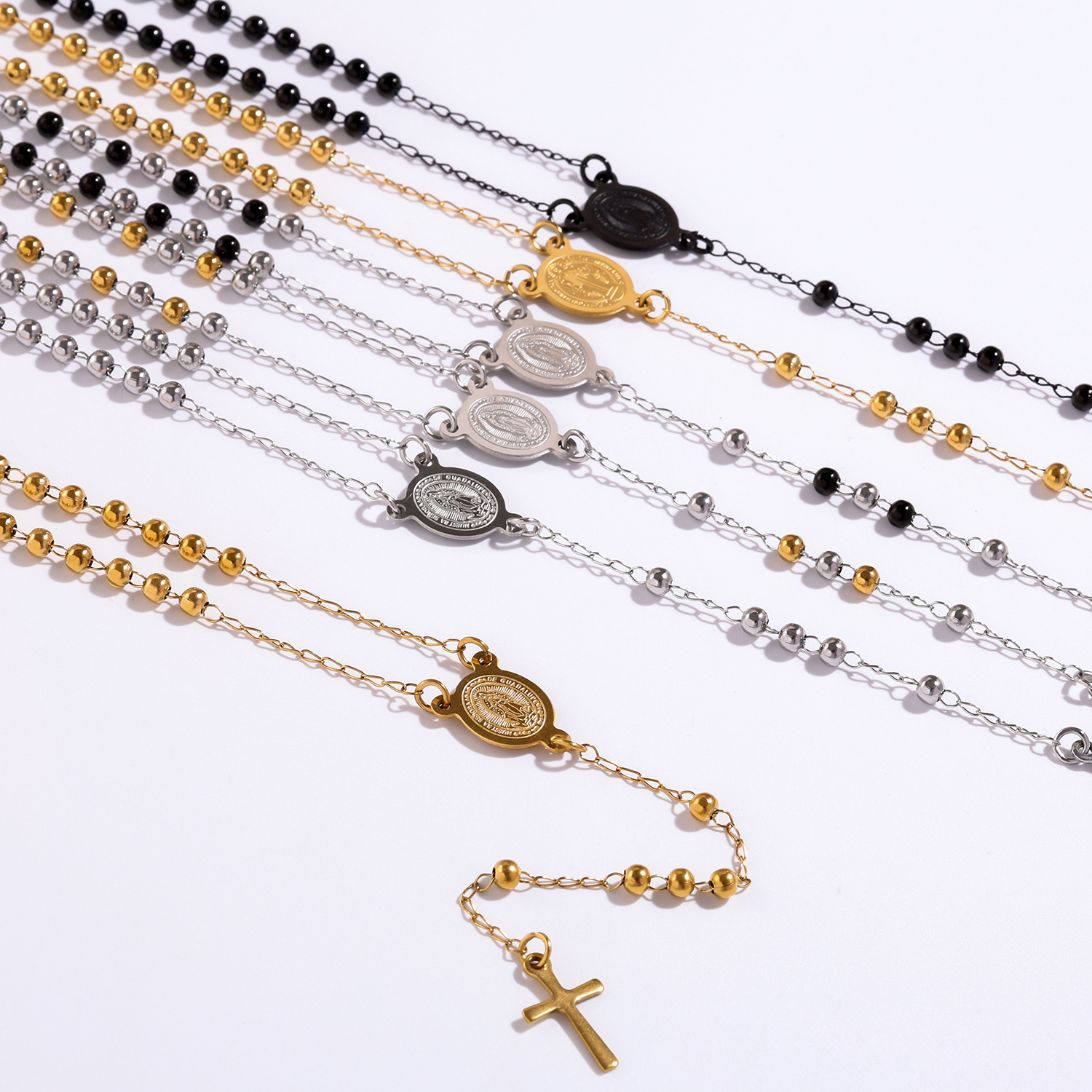 Cross-Border Temu Hot-Selling Cross-Shaped Titanium Steel Necklace, Buddhist Bead Chain, Stainless Steel with a High-End Feel, Niche Design, Gift for Friends