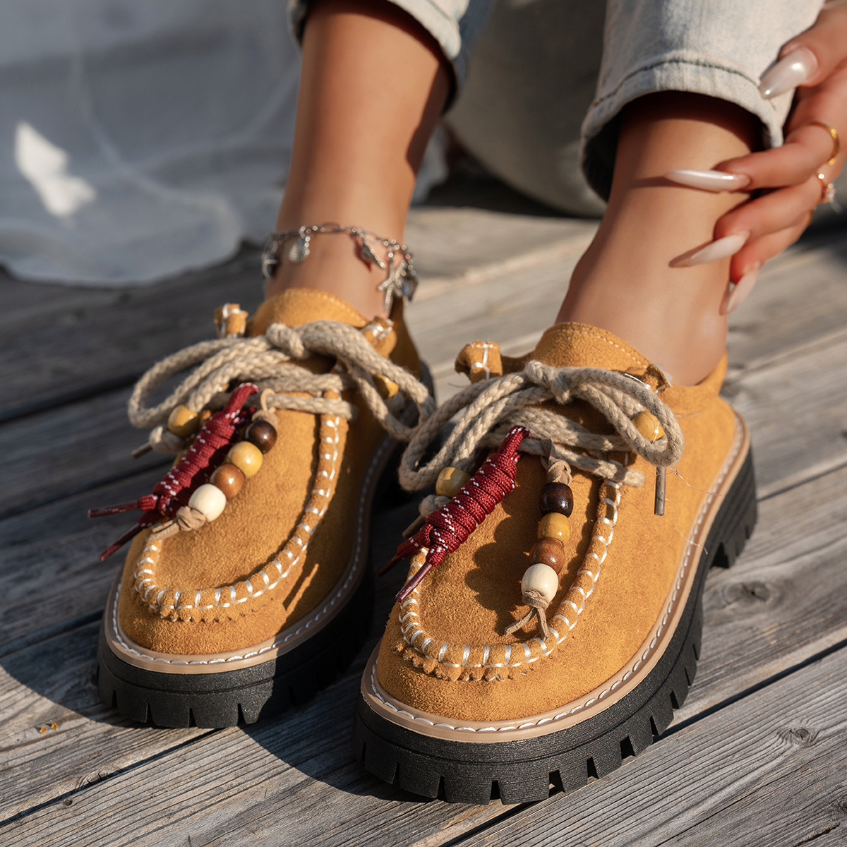 Cross-Border Large Size Lace-Up Beaded Casual Shoes 2026 Spring New Round-Toe Suede Retro Loafers for Women Wholesale