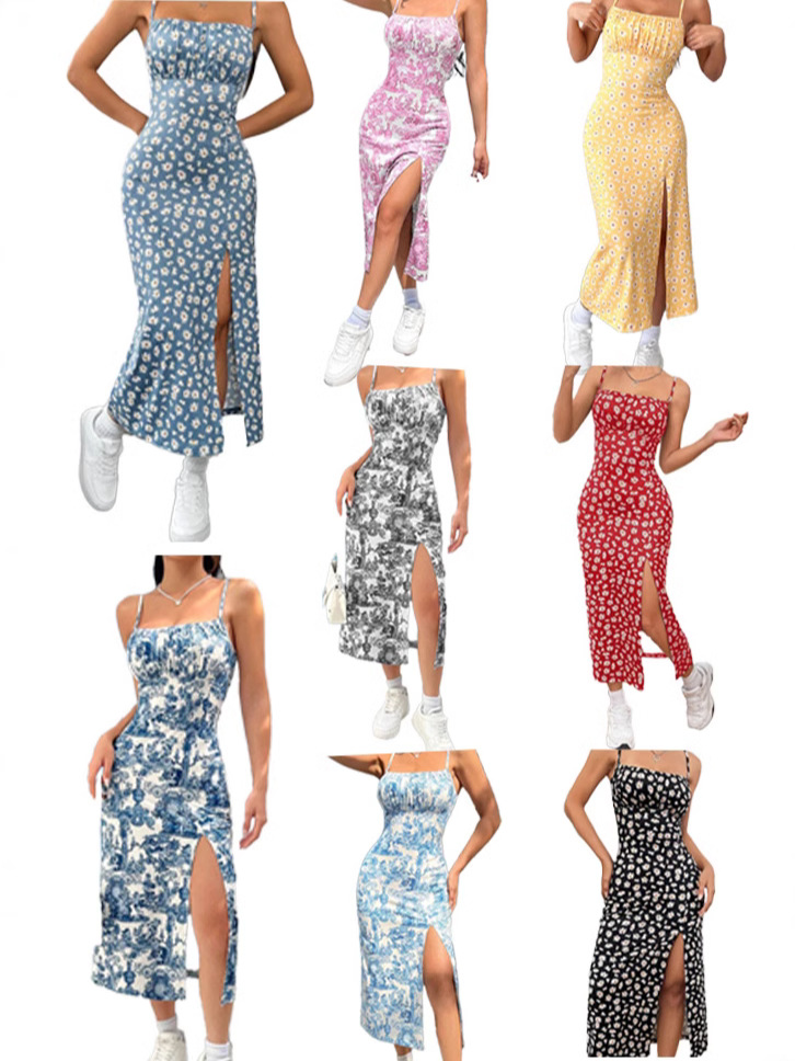 Cross-border 25-year explosions autumn suspenders wrapped chest high slit small daisy leopard print hip long dress