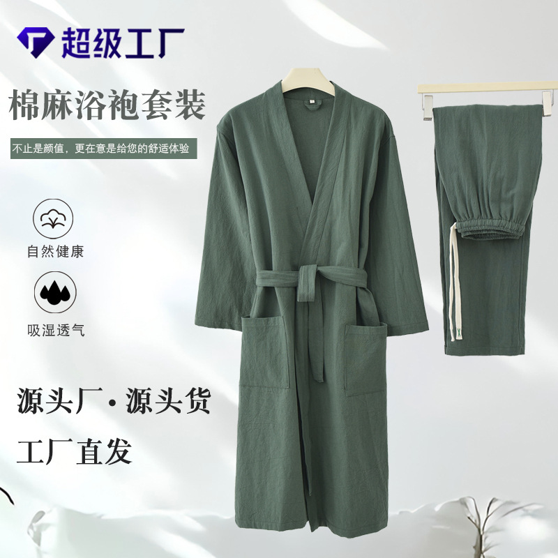 Japanese Style Cotton Linen Kimono Collar Nightgown Bathrobe suit Pants Home Clothes Pajamas Absorbent Hotel Bathrobe Couple