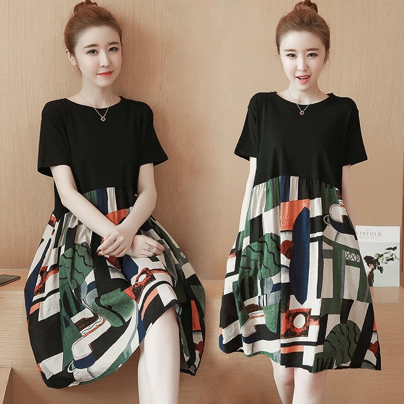 Fat Girl summer dress loose fat mm2023 new short sleeve women's clothing mid-length loose for 200kg