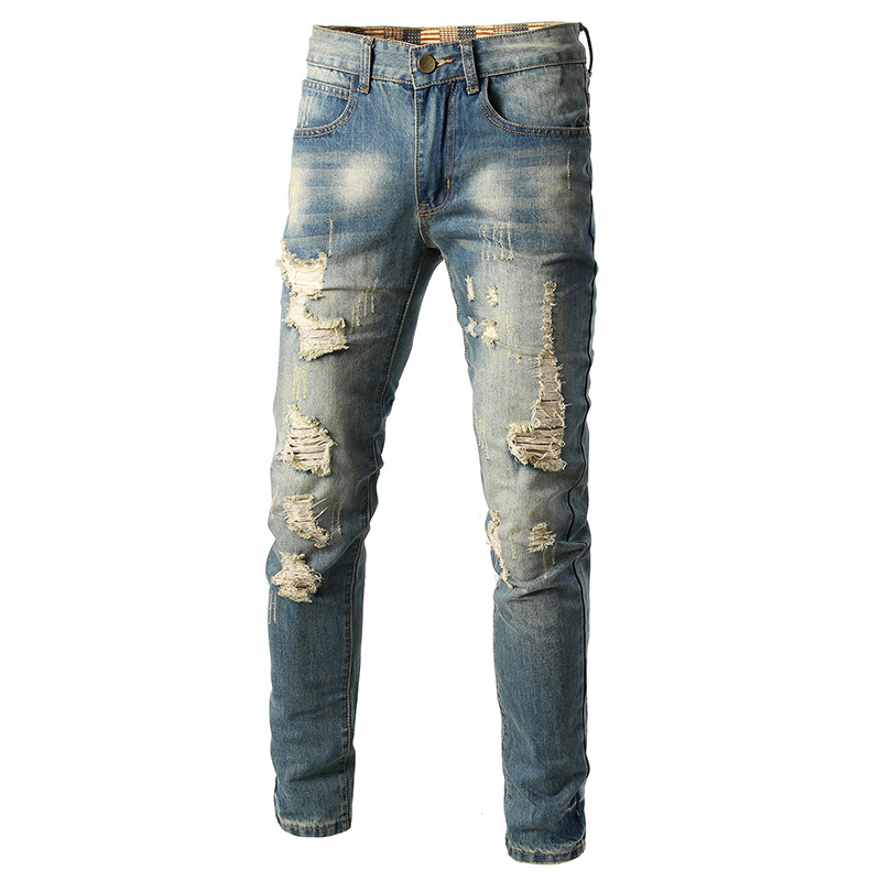 Men's Autumn Ripped Jeans Slim Straight Casual Pants Vintage Style