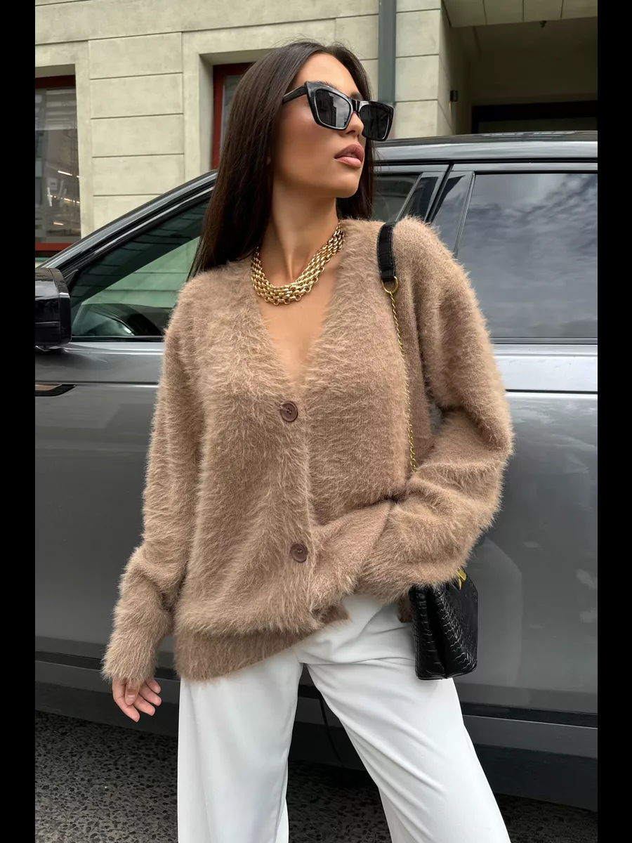 European and American Lazy Style Export Mink Velvet Knitted Cardigan 2025 Autumn and Winter New Loose V Neck Casual Sweater for Women