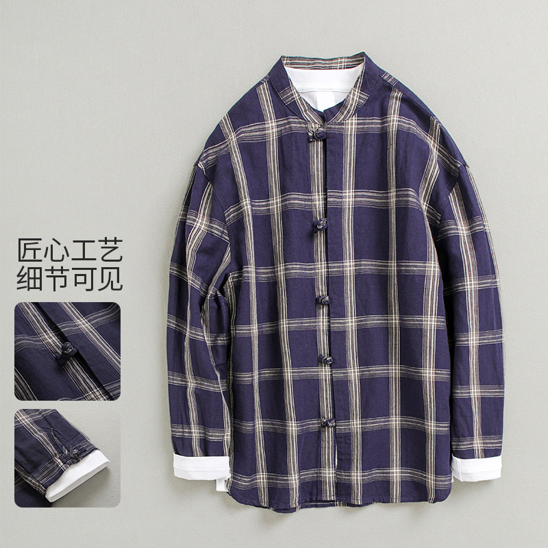 Spring and Autumn New Plaid Shirt Men's Button Shirt Loose Large Size Cotton Linen Long Sleeve Shirt Men's Wholesale JM2
