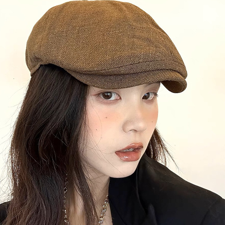 Japanese cotton and linen forward hat men's and women's retro solid color big head circumference British short brim street peaked cap foreign trade cross-border