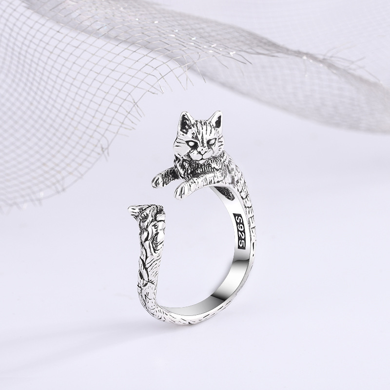 New Retro Thai Silver Cat Long Body Cat Ring Cute Cartoon Women's Fashion Simple Design Sense Ring Ring