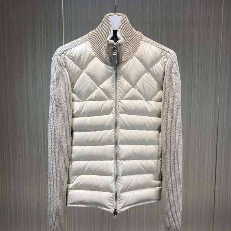 2025 autumn and winter new stand collar wool knitted stitching down jacket men's diamond check casual cardigan coat