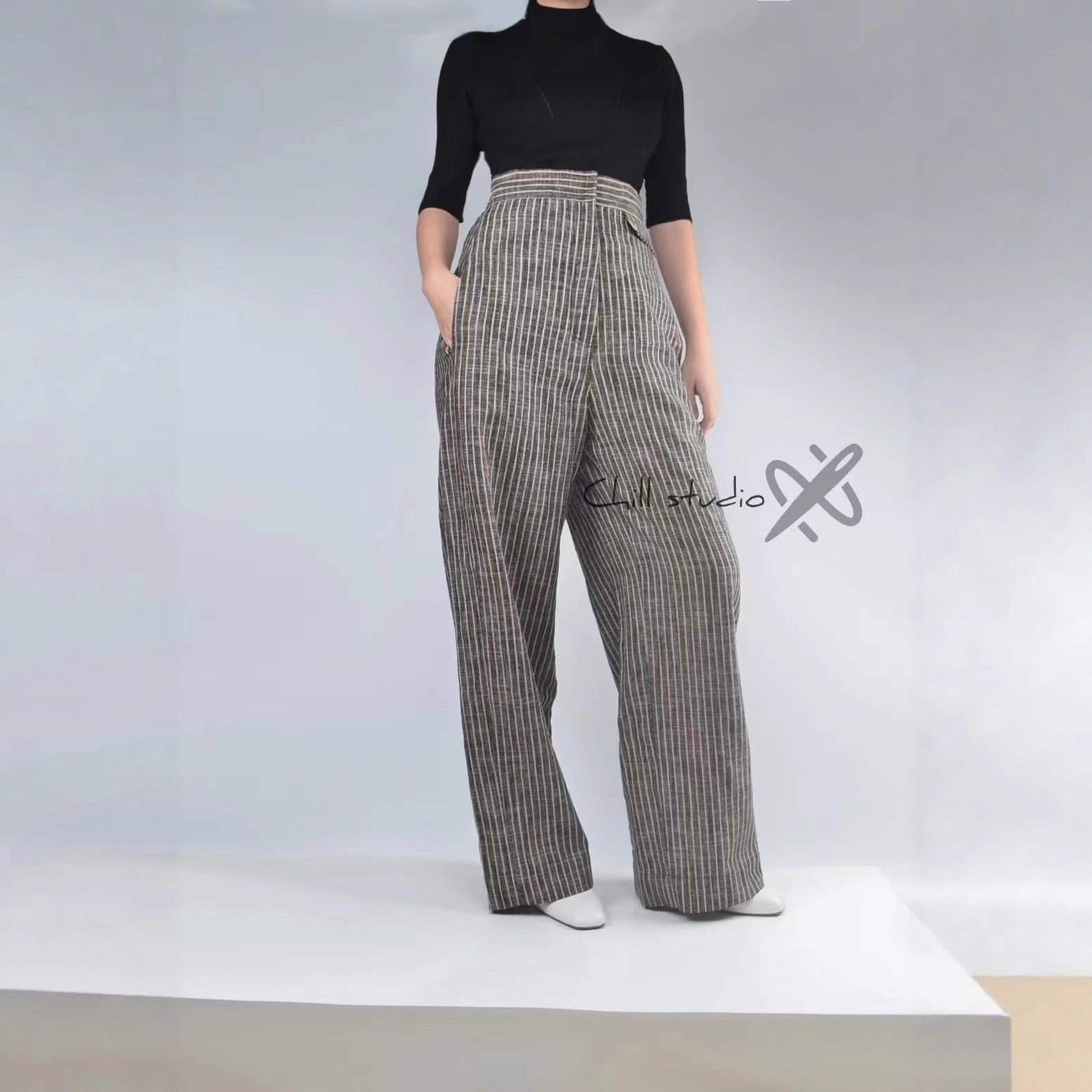 Faye Wong fashionable export distressed linen striped high waist micro radish-shaped wide-leg pants