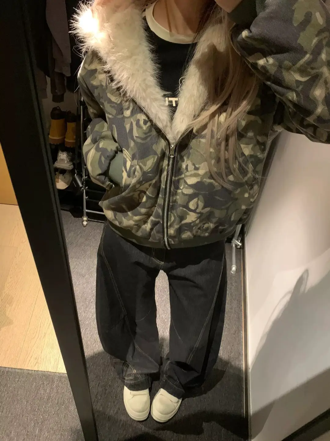 American Retro Washed Loose Thick Hooded Fur Collar Camouflage Baseball Cotton Jacket for Women, Autumn and Winter Warm Zuishan Diao Coat