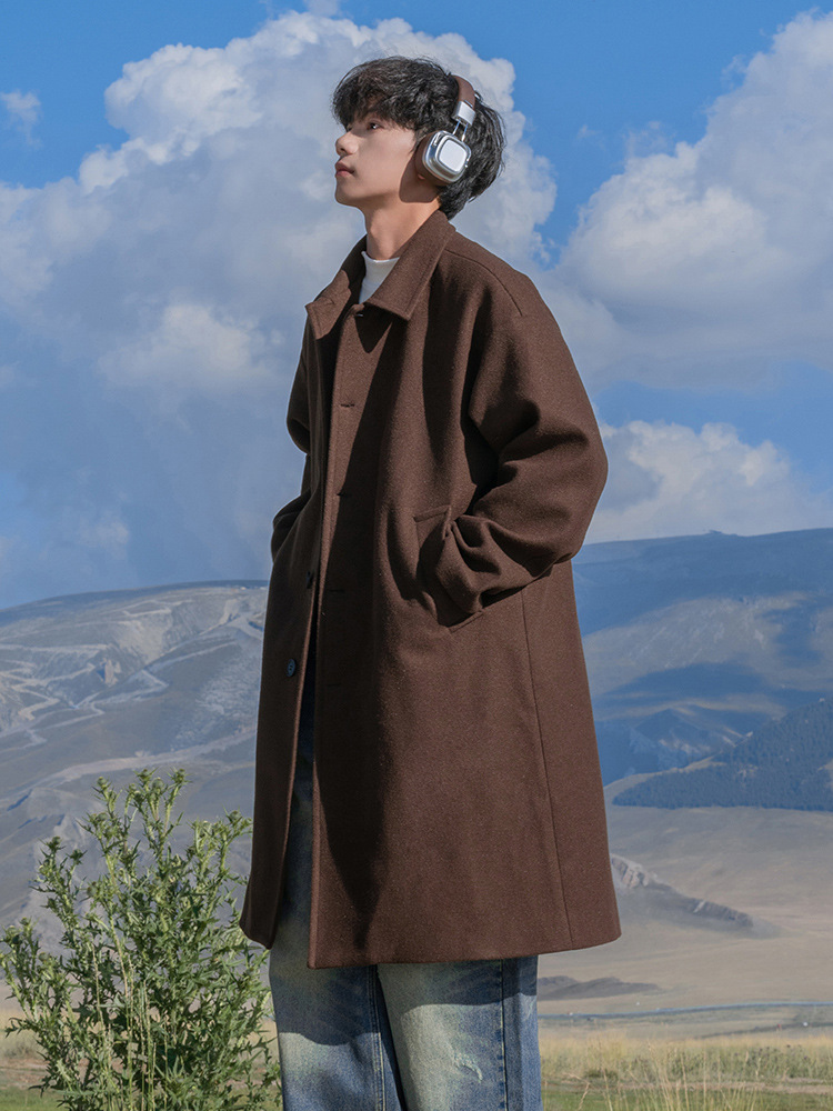 Japanese-Style Casual Mid-Length Woolen Coat for Men, Autumn and Winter Thickened Windproof Trendy Brand Lapel Trench Coat Q