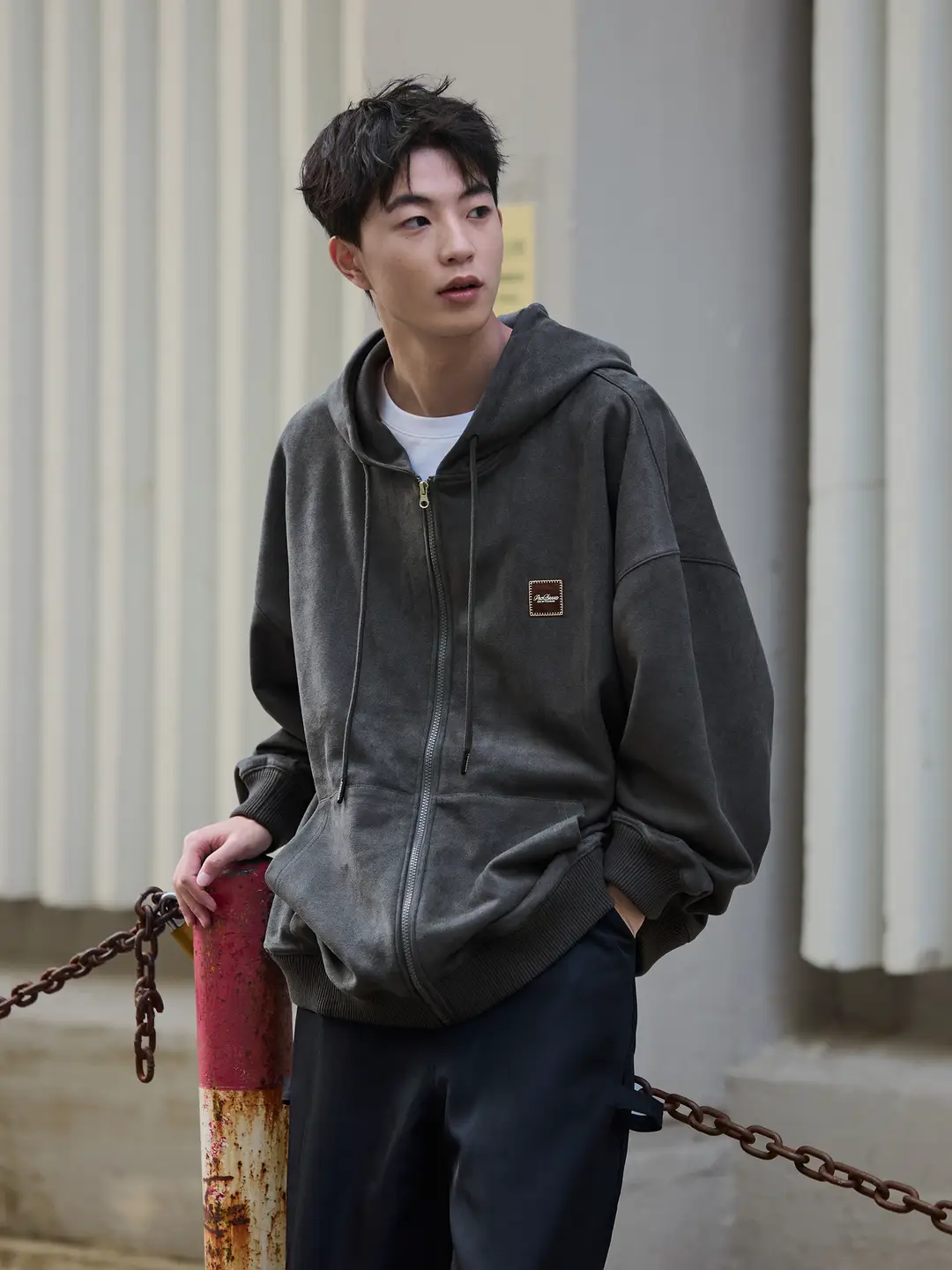Pso Brand Heavy weight Brushed American High Street Faux Suede Embroider Hooded Cardigan Sweatshirt Outwear Trendy