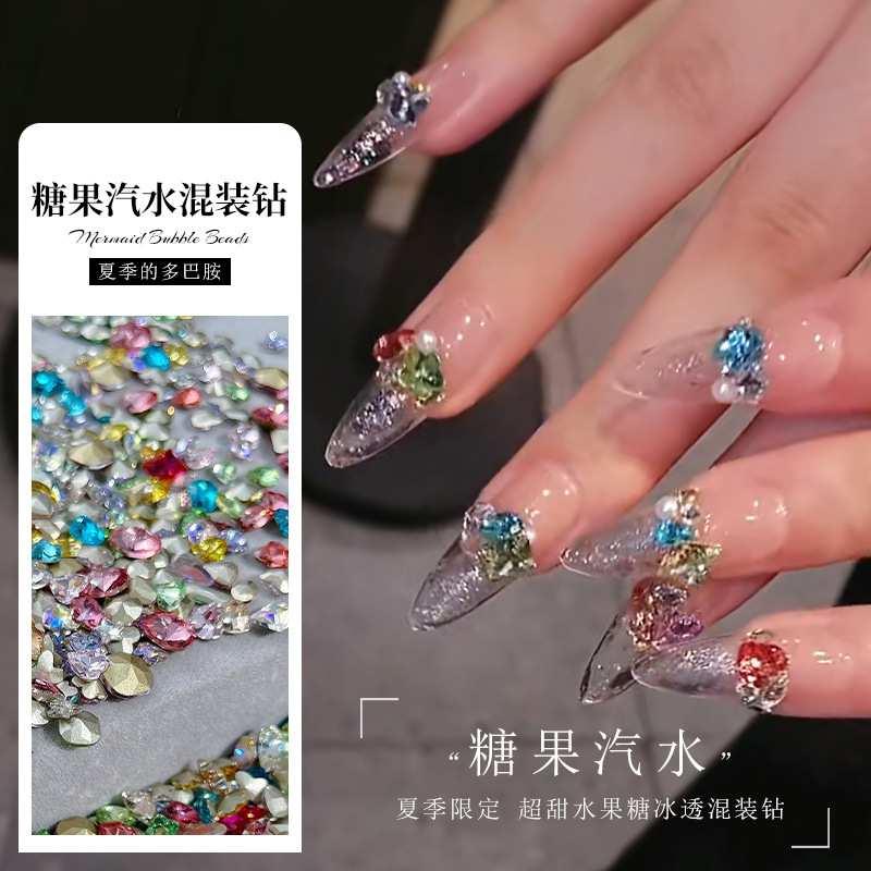 Net Red Explosive Color Pointed Diamond Mixed Crystal Love Horse Eye Fat Square Rock Sugar Diamond Candy Soda Nail Jewelry