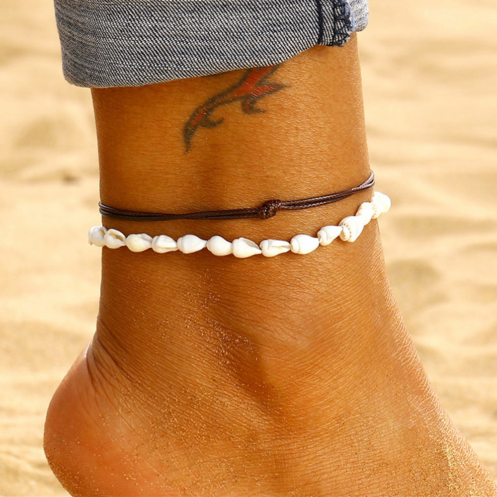 Cross-border European and American Beach Style Anklet Vintage Woven Leather Rope Conch Shell Handmade Beaded Multi-layer Anklet