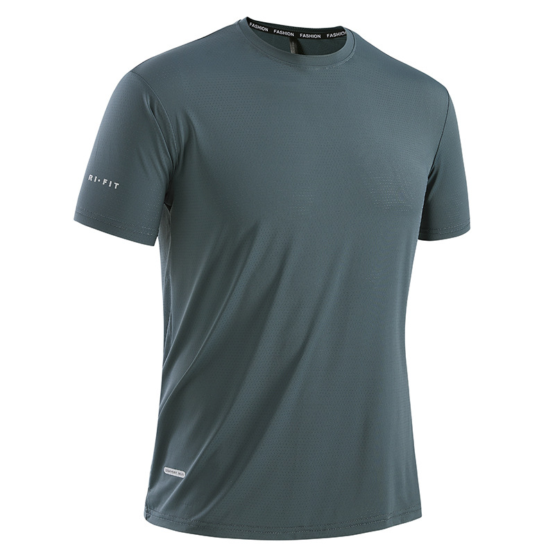 Popular Ice Silk T-Shirt for Men, Quick-Drying Sports Round-Neck Short-Sleeve Shirt with Simple Print, Stretchy, Breathable, Ice-Feel, Plus-Size Top